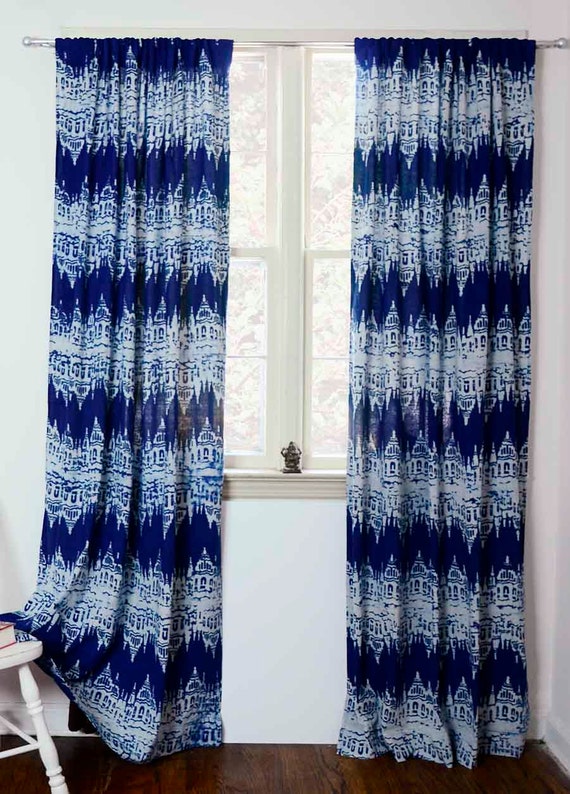 Navy Blue Ika Curtains Panels Dark Blue Window Block Print Etsy