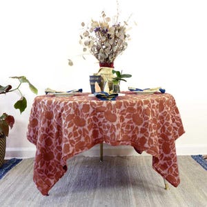 Red Orange Floral Tablecloth, Flower Print Organic Cotton Table Linen, Block Printed Textiles, Dark Coral Table Cloth - Yan
