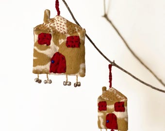 Handmade House Christmas Ornaments, Upcycled Textile Decor | Home
