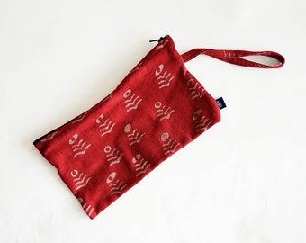 Red purse clutch for makeups travel pouch block printed / conscious gifts under 10 / plant dyed for women / Red Genda