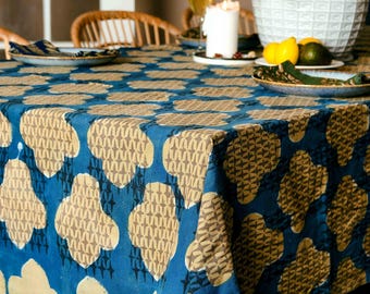 Blue Gold Block Print Tablecloth, Hand Dyed Organic Cotton, Eco-Friendly Dining Linen - Mali SAMPLE