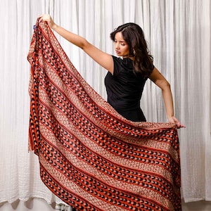 May include: A patterned scarf with a repeating design in shades of red, black, and beige. The scarf is held up, showcasing its length and the intricate details of the print. The fabric appears lightweight and flowing.