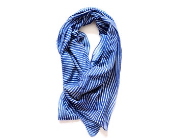 Scarf SAMPLE SALE Indigo Blue Cotton Silk scarves, Hand Block Printed, natural dye, Accessories women accessories, for her - INDIGO stripe