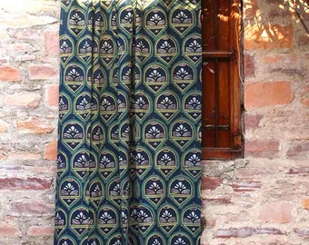 Green Block curtains window boho bedroom home decor natural dye home living room panel - RAJKUMARI