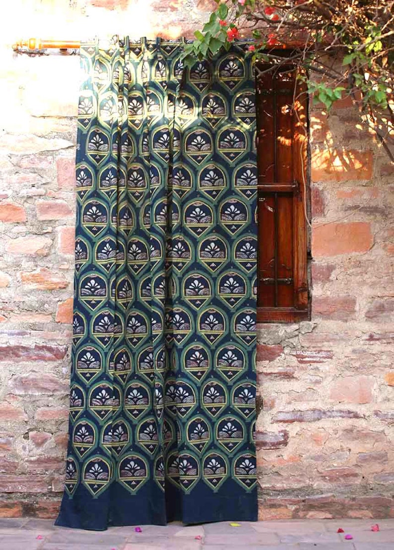 Green Block curtains window boho bedroom home decor natural dye home living room panel RAJKUMARI image 1