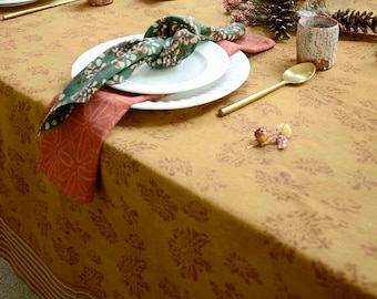Floral Tablecloth Organic Cotton Block Print Dining Table Cover, Wedding Gift – Marigold SAMPLE