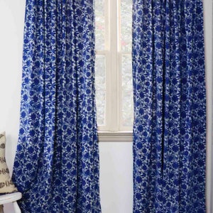 Floral curtains Blue and white window curtains window boho shabby chic home decor block print home living ichcha ONE panel - BLUE FLOWERS