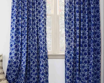Floral curtains Blue and white window curtains window boho shabby chic home decor block print home ichcha ONE panel - BLUE FLOWERS 96"