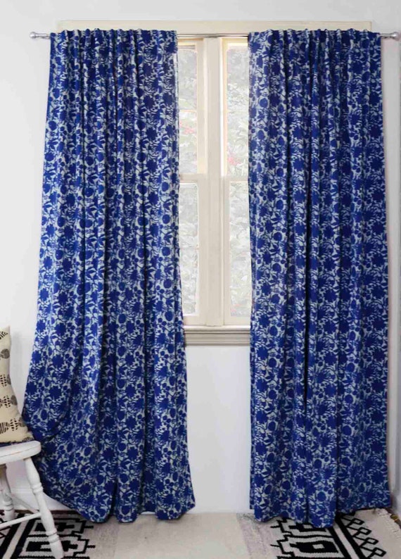 thumbnail image 2 of Handmade Rajasthan Floral Block Print Cotton Curtain Drape Panel – Blue, 46 X 88 Inches – 100% Cotton 2 of 6