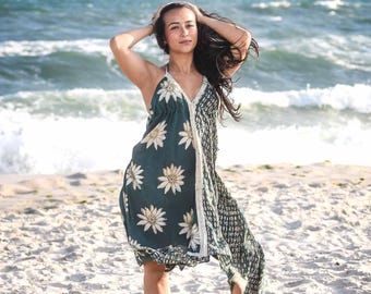 Lightweight Cotton Silk Cover Up Hand Block Print Beach Swim Resort Dress - JOY
