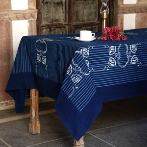 Dark Blue Rectagular Tablecloth / Indigo Plant Dyed Organic Cotton Table Linen / Block Printed Textiles / Wedding Decor - Gloria sample