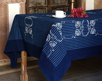 Dark Blue Rectagular Tablecloth / Indigo Plant Dyed Organic Cotton Table Linen / Block Printed Textiles / Wedding Decor - Gloria sample