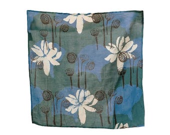 Garden Bandana, Block Print Cotton Silk Head Scarf | Lotus White