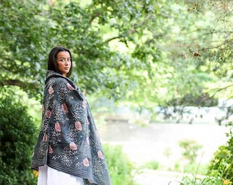 Boho Floral Block Print Scarf, Cotton Silk Wrap, Lightweight Shawl, Handmade Gift for Her, Natural Dye Accessory - Paro Scarf