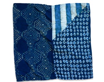 Two Tone Cotton Silk Bandana Hand Block Print Blue Geometric Head Scarf - Savita