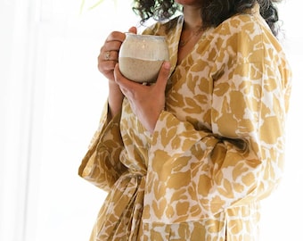 Spa cotton Yellow Mustard Block Printed Bath Robe / Gift for her / Holiday Gift / Loungewear / Brides maids wear / Sleep wear - Yan