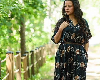 Bohemian Floral Modal Dress Hand Block Print Resort Button Down Midi Dress - PARO