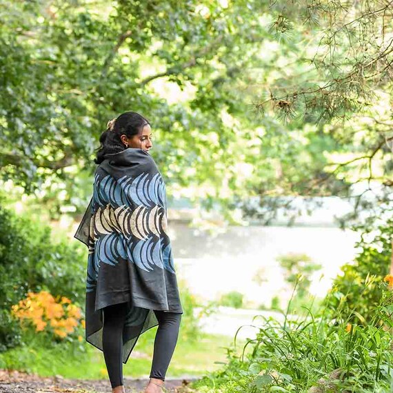 Blue Moon Block Print Scarf, Indigo & Black Cotton Silk  display picture 1