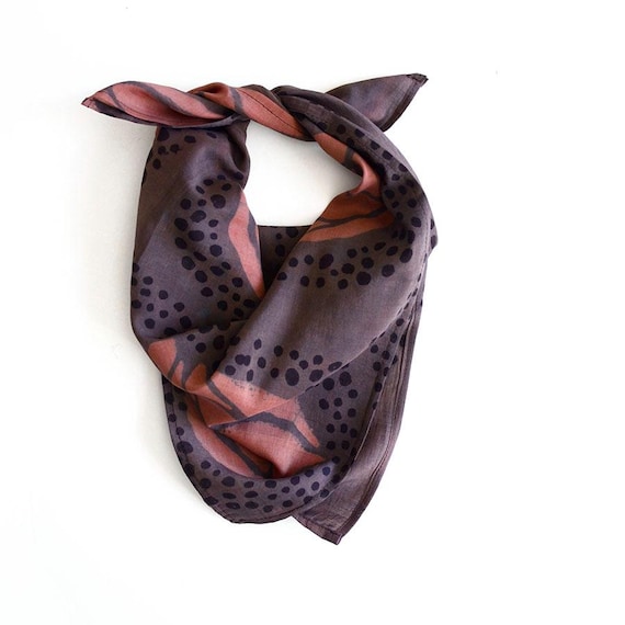 Plum Cotton Silk Bandana, Block Print Scarf, Boho Head Wrap, Naturally Dyed 21-inch Bandana | Mia Sample Sale