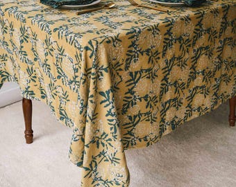 Yellow Floral Block Print Organic Cotton Tablecloth - Flower Field