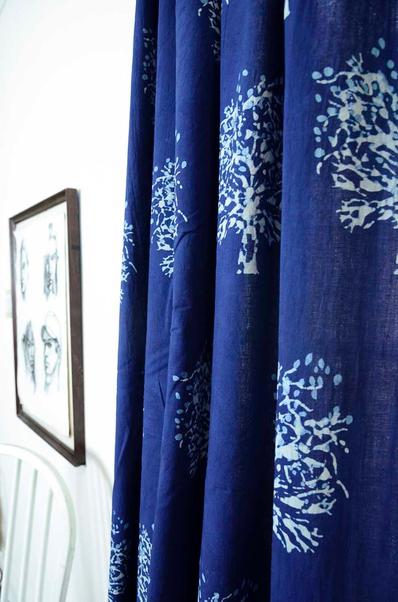 Indigo curtains window curtain Indigo blue bedroom is sold per Panel 44x84 hand block printed Cotton Home and Living Tree image 2