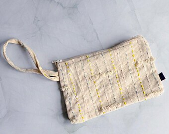 Handmade Wristlet Clutch Organic Cotton Embroidered Zipper Pouch Phone Essentials Eco Bag – Clouds SAMPLE