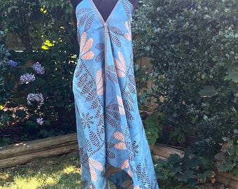 Blue Cotton Silk Beach Cover Up Dress, Block Printed Summer Lounge Dress, Tie Back Dress for Vacation | Sita Coverup SAMPLE