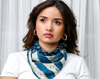 Striped Bandana Cotton Silk Blue White Block Print Minimalist Modern Square Scarf Unisex – Pintu
