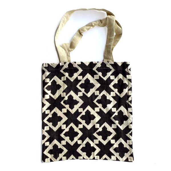 Black and beige Diamond Hand Block Print Shoulder Grocery Bag Organic Cotton - Diamond Sample bag