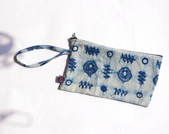 BLUE AND WHITE clutch / storage for face masks and hand sanitizer / conscious gifts under 10 / plant dyed by hand bags for women / Crystal