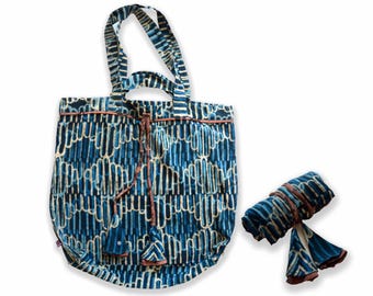 Organic Cotton Tote Bag Hand Block Print Reusable Market Beach Travel Carryall Handmade - Silo
