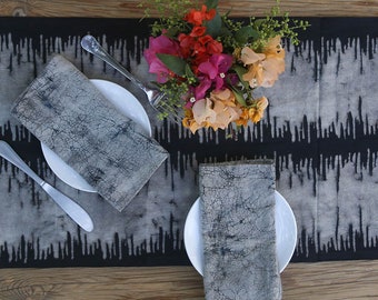 Black and white Block Print Shibori Print Table Runner / Organic Cotton Table Linens / Plant Natural Dyed Eco Friendly Gift - Noire runner