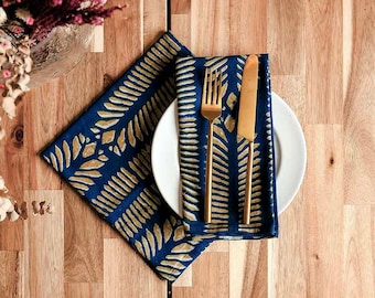 Blue Organic Cotton Dinner Napkins Architectural Block Print Table Linen – Nue