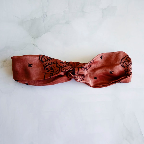 MAUVE burnt red silk satin headband, block printed and naturally dyed horse print back to school hair wrap accessories - WIND