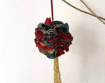 Tassel Ball Christmas Ornament, Upcycled Handmade Textile Decor
