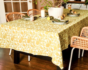Golden Yellow Floral Tablecloth / Plant Dyed / Flower Print Organic Cotton Table Linen / Block Printed Textiles / Wedding Decor - YAN