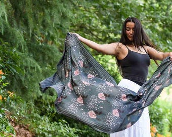 Boho Floral Block Print Scarf, Cotton Silk Wrap, Lightweight Shawl, Handmade Gift for Her, Natural Dye Accessory - Paro Scarf