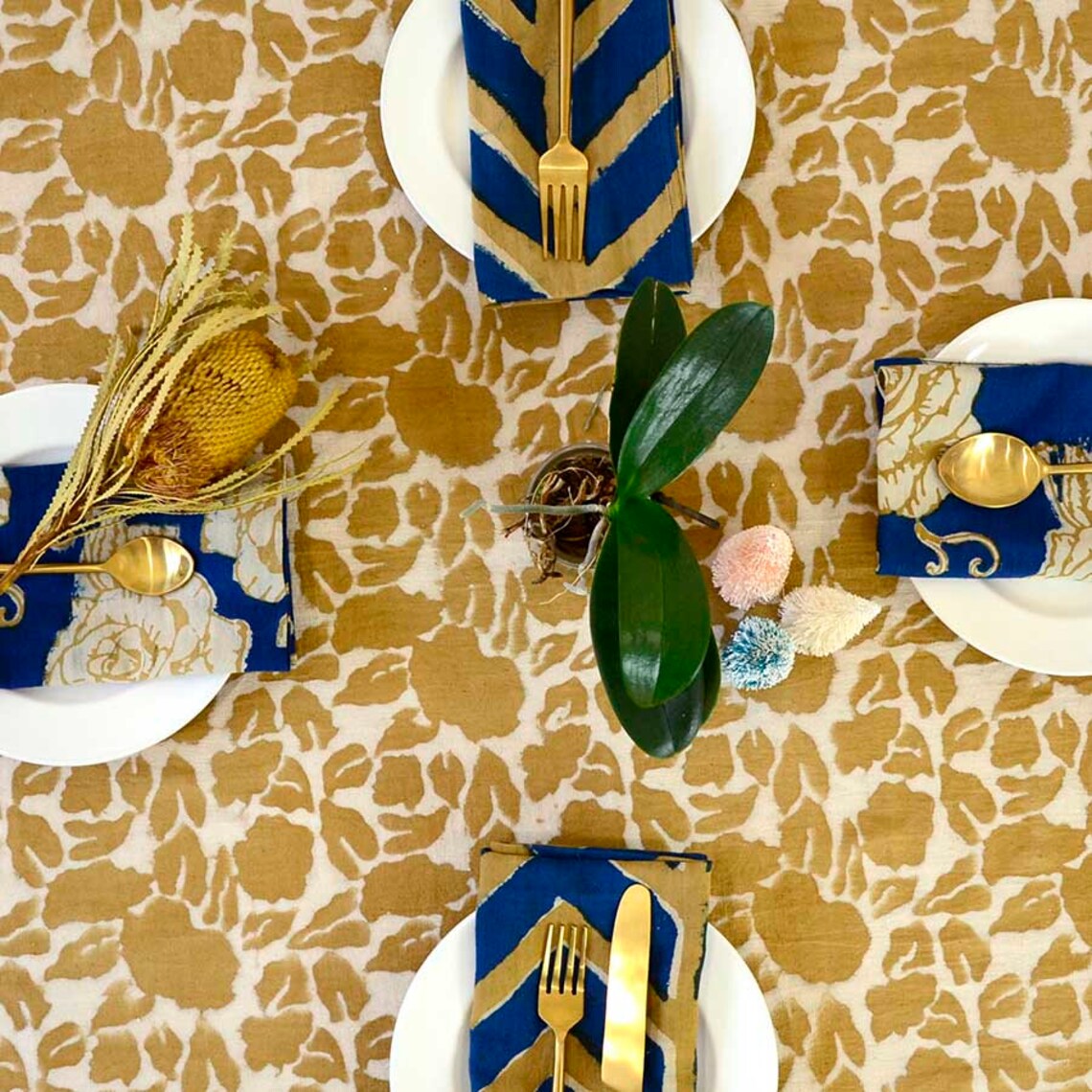 Golden Yellow Floral Tablecloth / Plant Dyed / Flower Print Etsy