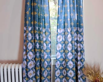 Boho Window One Panel Curtain, Hand Block Printed Blue Green Bohemian Home Decor - Green Escape SAMPLE