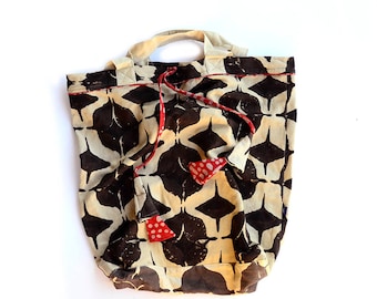 XL Large Black and beige Geometric Hand Block Print Shoulder Grocery Bag Organic Cotton - GEO