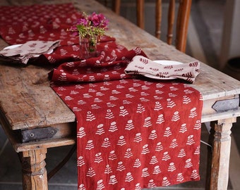 RED marigold Block print Boho Chic Table Runner Organic Cotton Linens wedding Decor - Genda Phool Runner