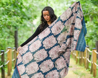Floral Cotton Silk Scarf Hand Block Print Blue Wrap Shawl Women - Alpine