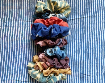 bohemian soft scrunchies set / indigo / hair care accessories / Plant Dyed / gifts under 15 / Cotton SILK hair ties -SET OF 2