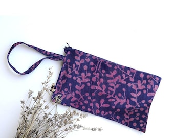 Block Print Clutch, Hand Dyed Cotton Pouch, Eco-Friendly Zero Waste Makeup Bag, Lavender Blue Clutch - Laila SAMPLE