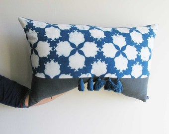 Indigo blue geometric print bohemian pillow cover, organic cotton hand woven block printed SAMPLE SALE - JAIPUR
