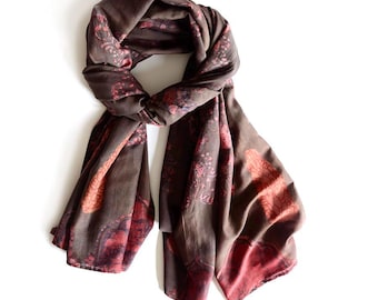 Pink Brown Floral Scarf, Silk Cotton Geometric Block Print Wrap, Soft Lightweight Shawl | Paris