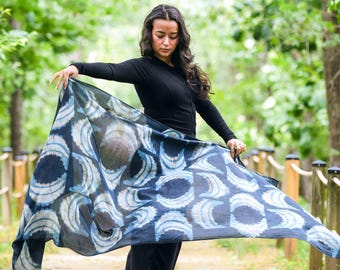 Abstract Cotton Silk Scarf Hand Block Print Indigo Wrap Shawl Women - Twilight