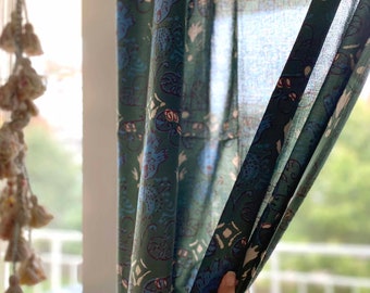 Green bohemian window curtain / Block Printed panel / Indian Living Dining Room / Farmhouse / boho / doors / window treatment - Meadow