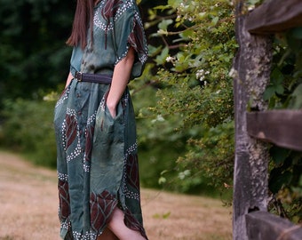 Green Satin Silk Cotton Block print Summer luxurious soft long Long Shirt Button Dress for beach - Heera