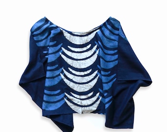 Boho Cotton Silk Crop Top, Block Printed Travel Women’s Blouse in Blue & Black, Relaxed Fit Summer Shirt - Crescent SAMPLE